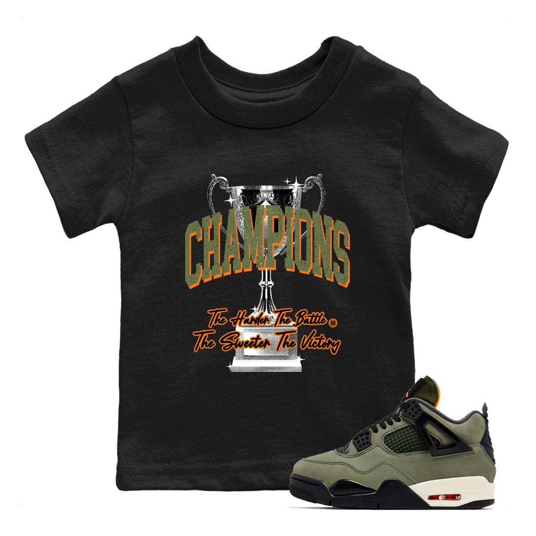 Sneaker match tees – Sneaker Tees To Match Undefeated inspired colorways Air Jordan 4 OG Olive Shoes  – Champions Trophy Kids T-Shirt Black 1