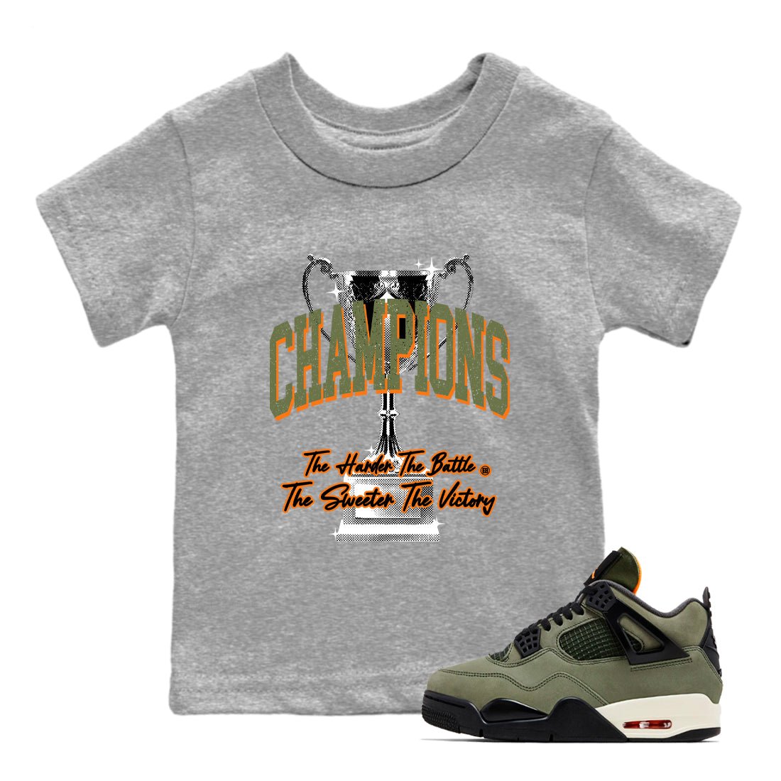 Sneaker match tees – Sneaker Tees To Match Undefeated inspired colorways Air Jordan 4 OG Olive Shoes  – Champions Trophy Kids T-Shirt Heather Grey 1