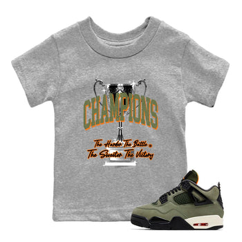 Sneaker match tees – Sneaker Tees To Match Undefeated inspired colorways Air Jordan 4 OG Olive Shoes  – Champions Trophy Kids T-Shirt Heather Grey 1