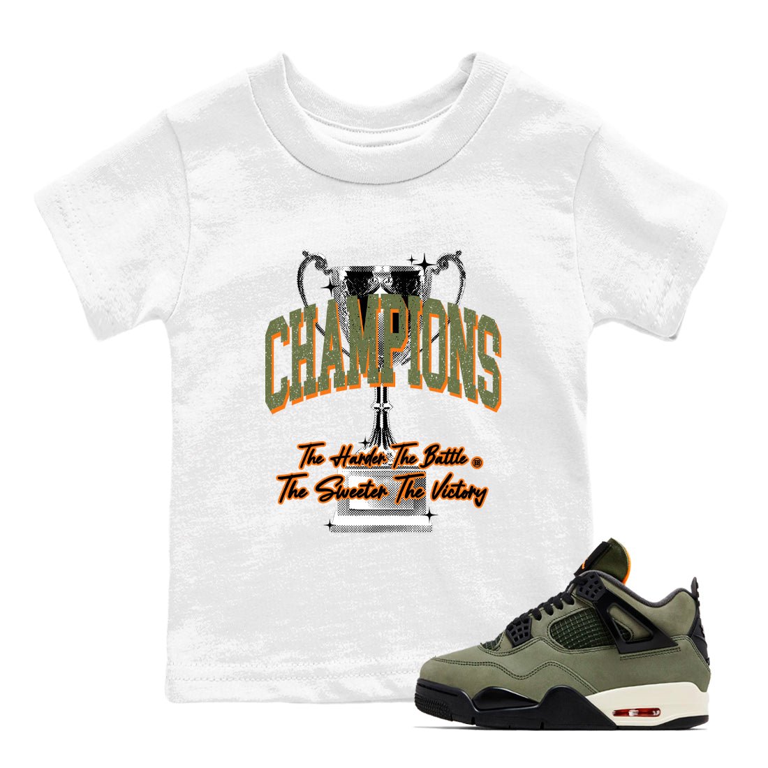 Sneaker match tees – Sneaker Tees To Match Undefeated inspired colorways Air Jordan 4 OG Olive Shoes  – Champions Trophy Kids T-Shirt White 1