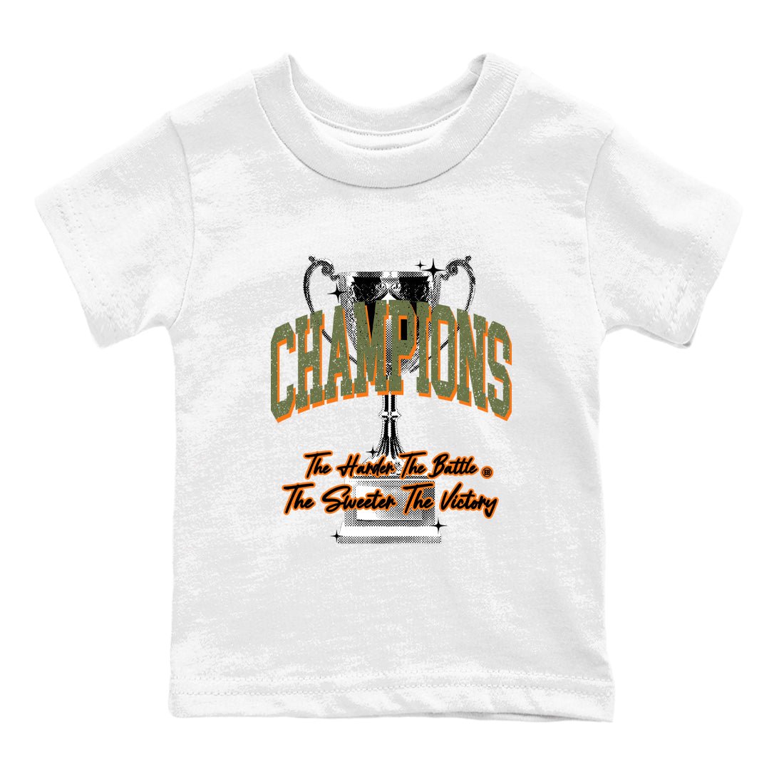 Sneaker match tees – Sneaker Tees To Match Undefeated inspired colorways Air Jordan 4 OG Olive Shoes  – Champions Trophy Kids T-Shirt White 2