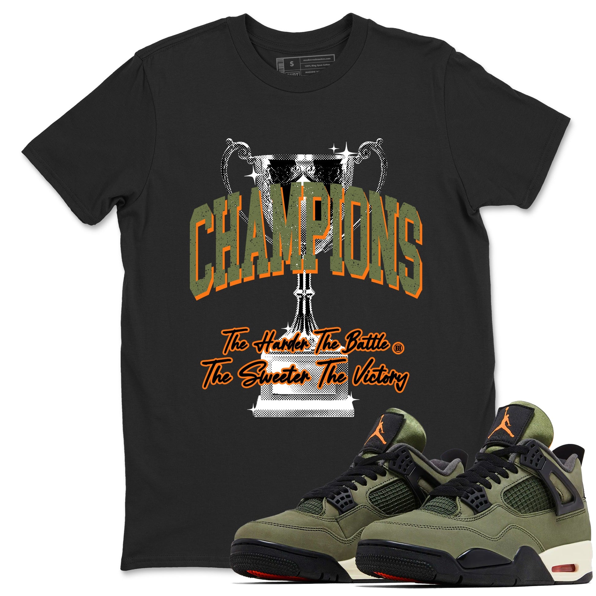 Sneaker match tees – Sneaker Tees To Match Undefeated inspired colorways Air Jordan 4 OG Olive Shoes  – Champions Trophy Tee Black 1
