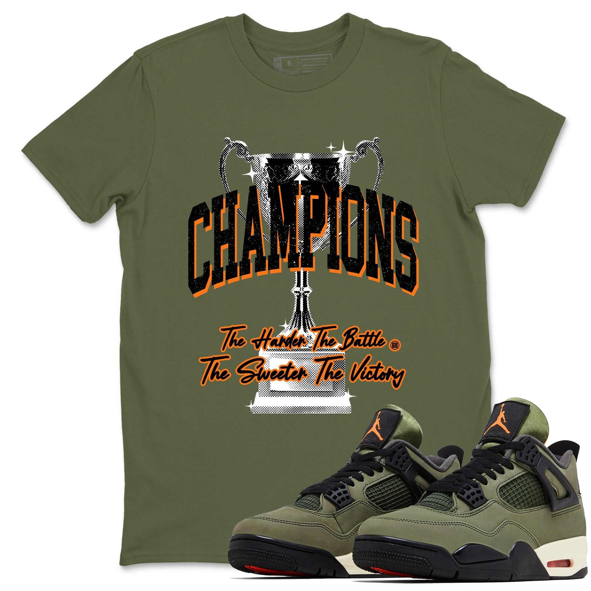Sneaker match tees – Sneaker Tees To Match Undefeated inspired colorways Air Jordan 4 OG Olive Shoes  – Champions Trophy Tee Military Green 1