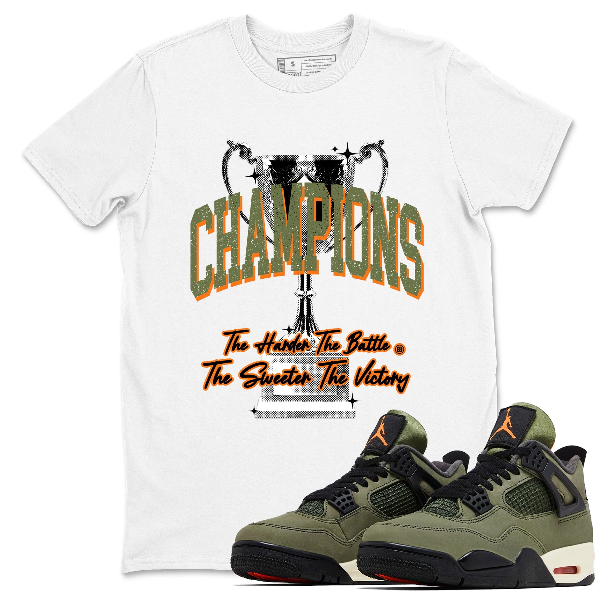 Sneaker match tees – Sneaker Tees To Match Undefeated inspired colorways Air Jordan 4 OG Olive Shoes  – Champions Trophy Tee White 1