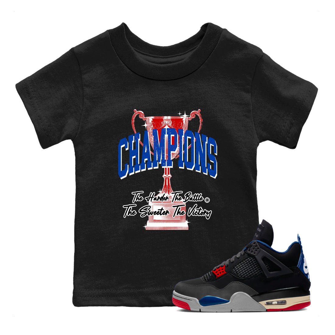 Champions Trophy baby and kids t-shirt crafted for little sneakerheads to shine with the Air Jordan 4 Rare Air sneakers, displayed in Black 1.