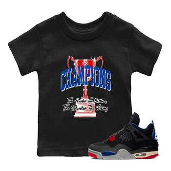 Champions Trophy baby and kids t-shirt crafted for little sneakerheads to shine with the Air Jordan 4 Rare Air sneakers, displayed in Black 1.