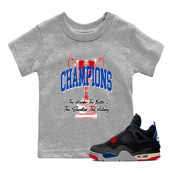 Champions Trophy baby and kids t-shirt crafted for little sneakerheads to shine with the Air Jordan 4 Rare Air sneakers, displayed in Heather Grey 1.