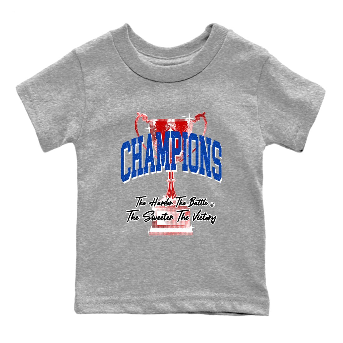 Champions Trophy baby and kids t-shirt crafted for little sneakerheads to shine with the Air Jordan 4 Rare Air sneakers, displayed in Heather Grey 2.