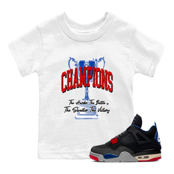 Champions Trophy baby and kids t-shirt crafted for little sneakerheads to shine with the Air Jordan 4 Rare Air sneakers, displayed in White 1.