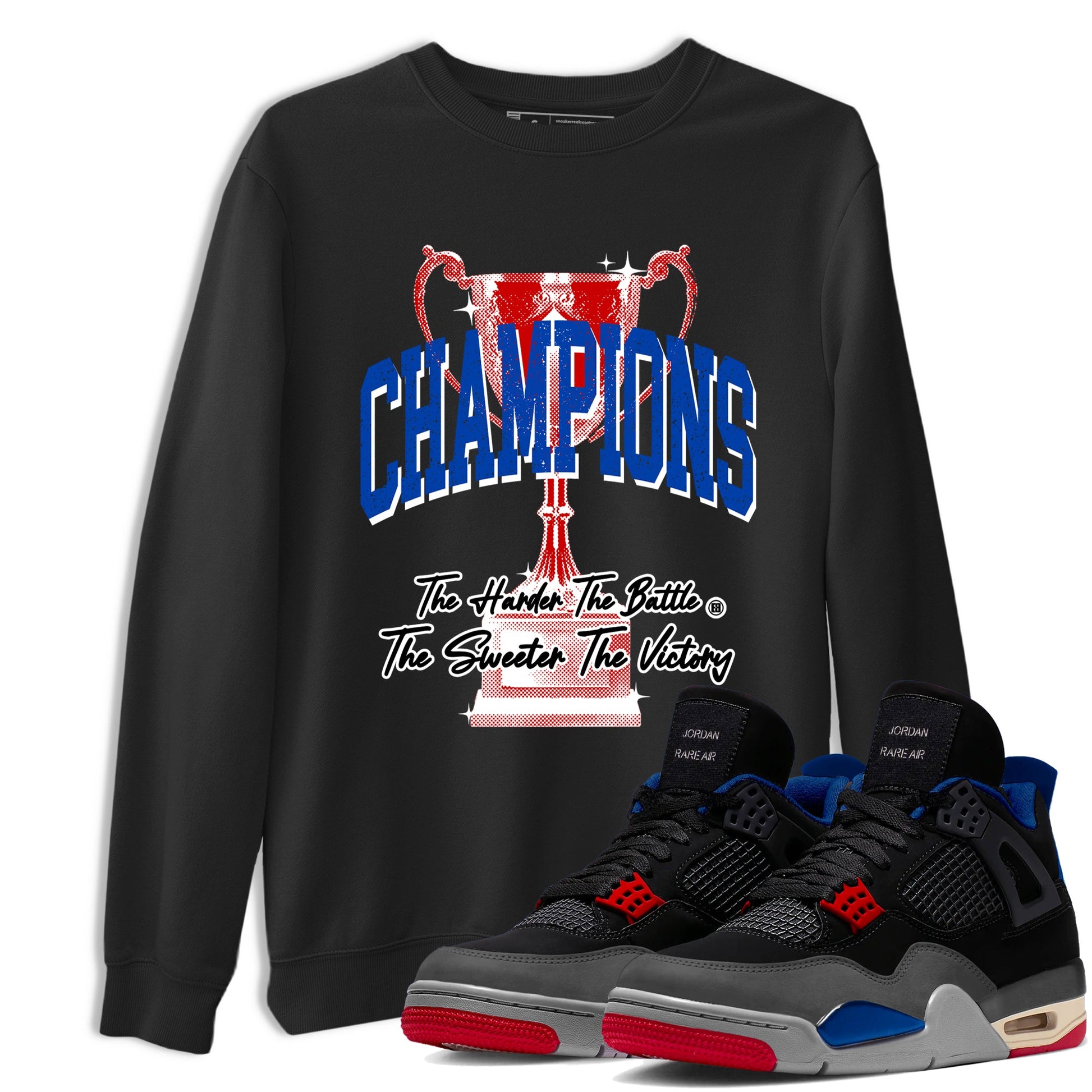 Champions Trophy sneaker match t-shirt styled to complete your fit with the Air Jordan 4 Rare Air sneakers, shown in Black 1.