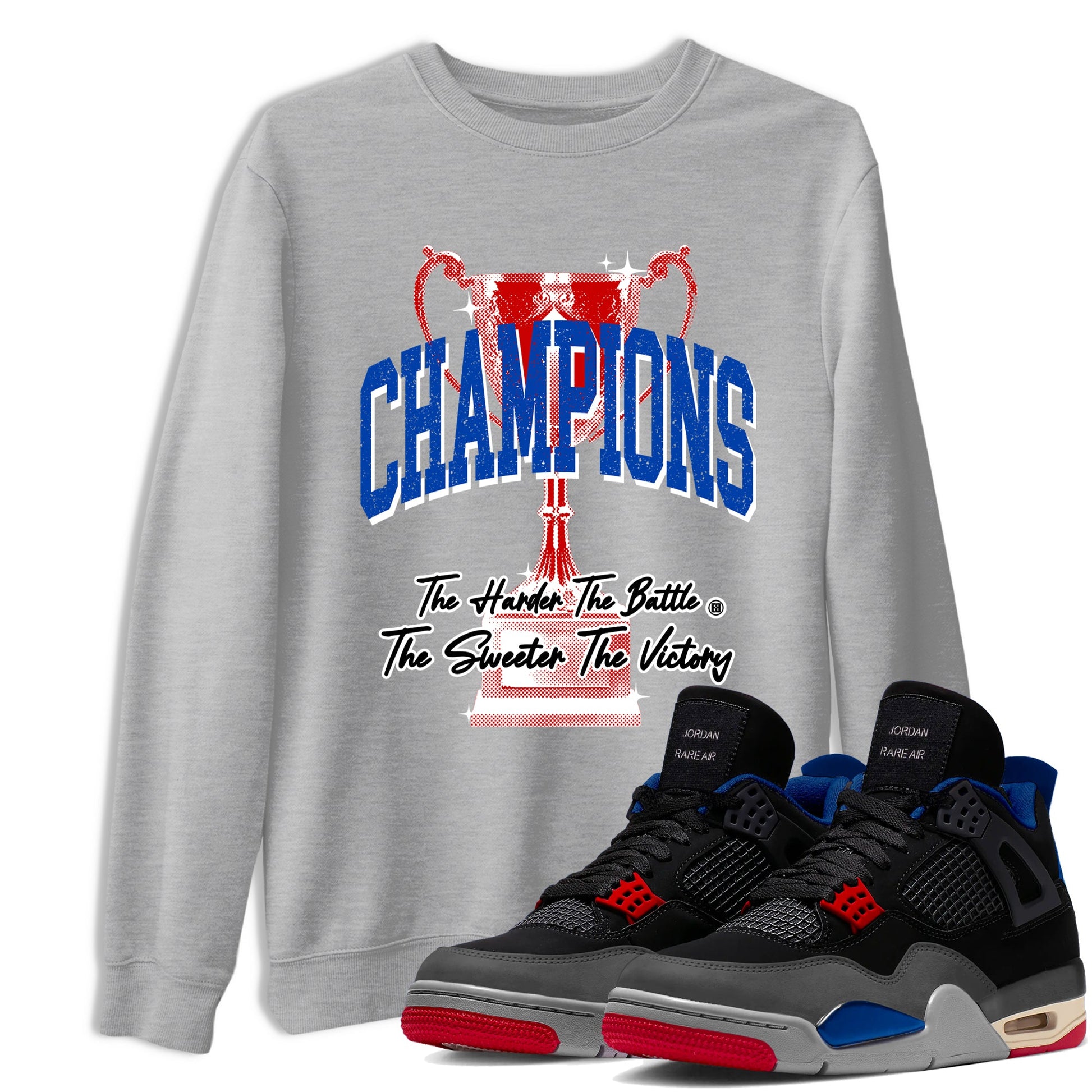 Champions Trophy sneaker match t-shirt styled to complete your fit with the Air Jordan 4 Rare Air sneakers, shown in Heather Grey 1.