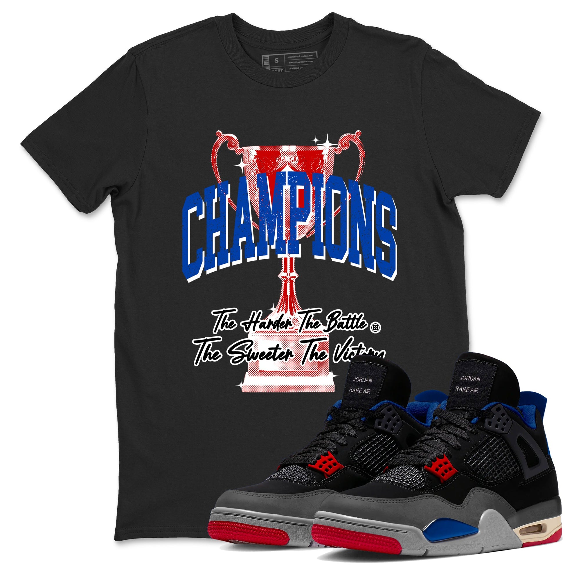 Champions Trophy sneaker match t-shirt styled to complete your fit with the Air Jordan 4 Rare Air sneakers, shown in Black 1.