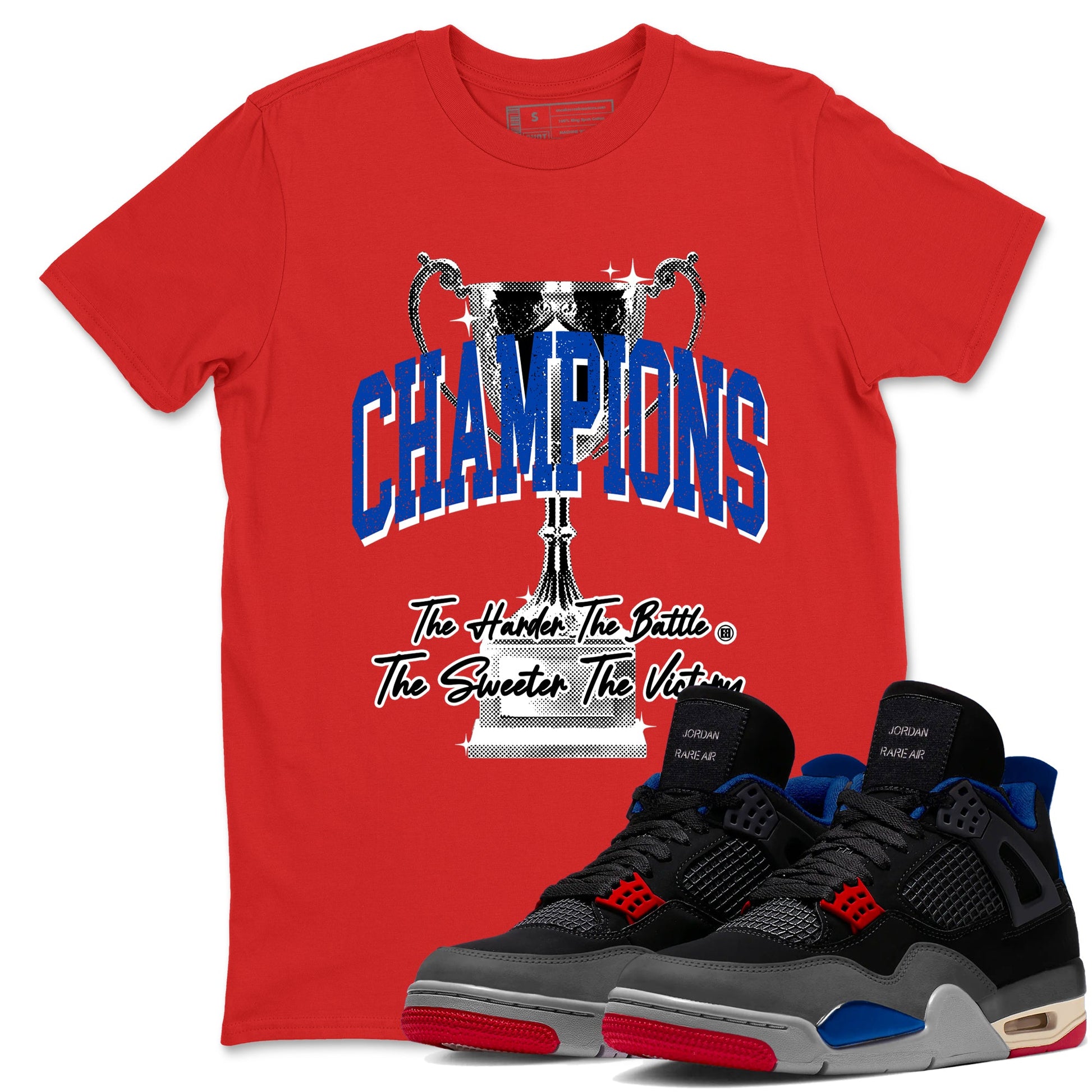 Champions Trophy sneaker match t-shirt styled to complete your fit with the Air Jordan 4 Rare Air sneakers, shown in Red 1.