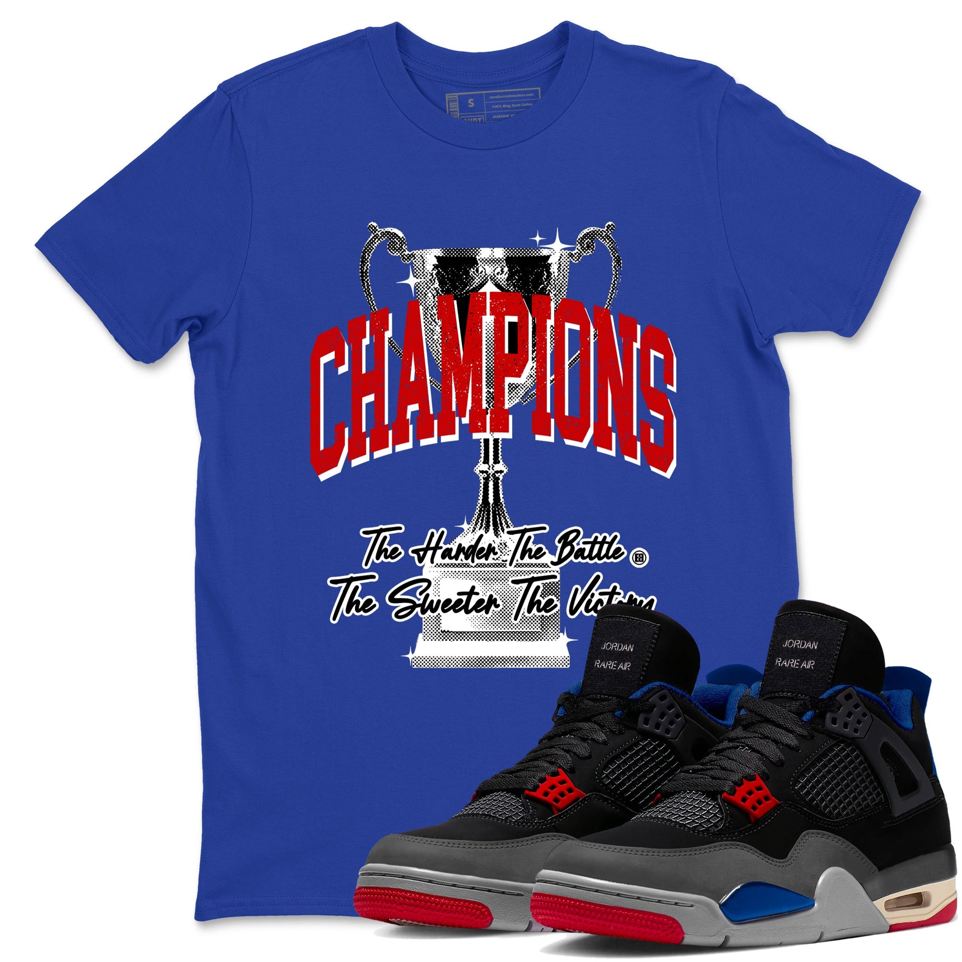 Champions Trophy sneaker match t-shirt styled to complete your fit with the Air Jordan 4 Rare Air sneakers, shown in Royal Blue 1.