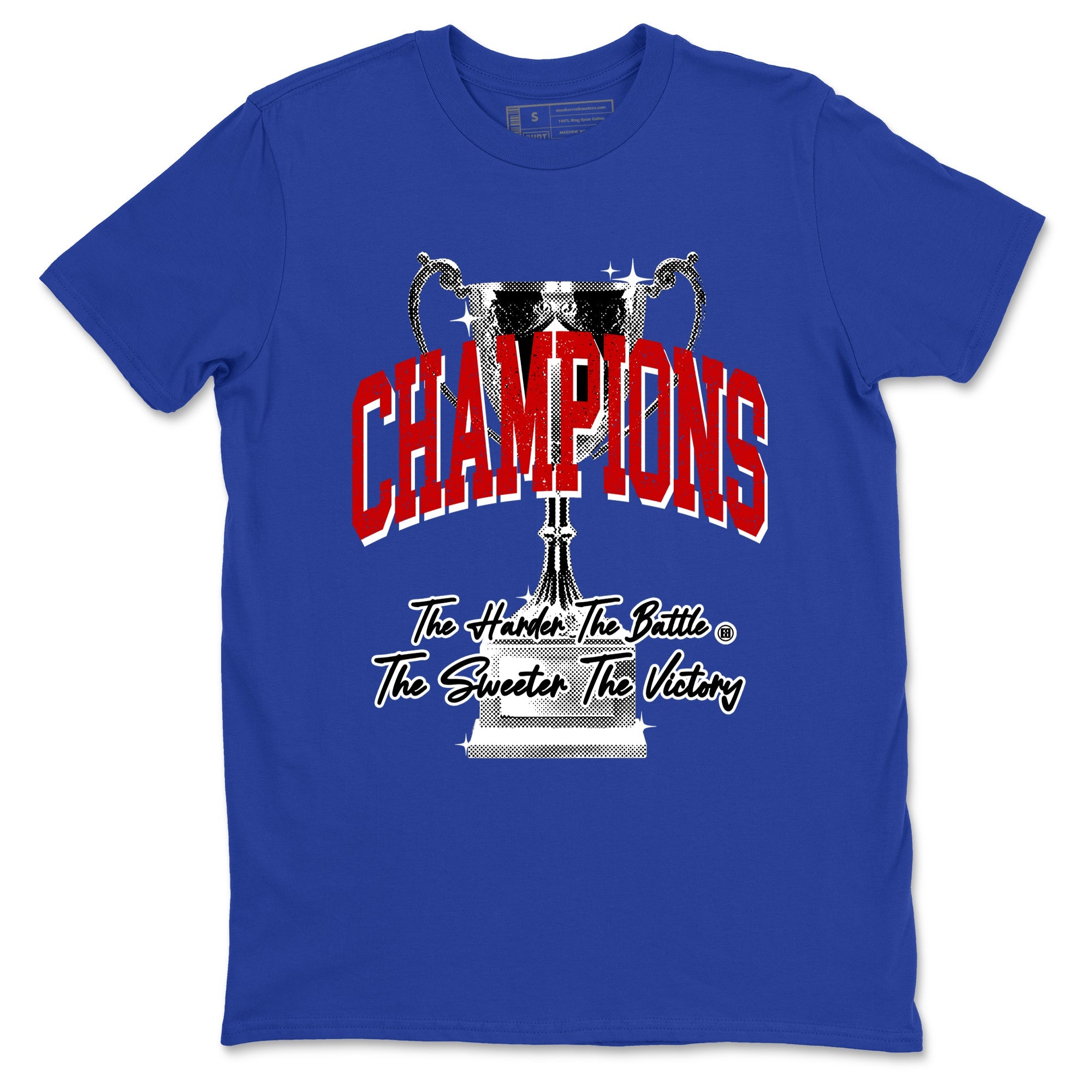 Champions Trophy sneaker match t-shirt styled to complete your fit with the Air Jordan 4 Rare Air sneakers, shown in Royal Blue 2.