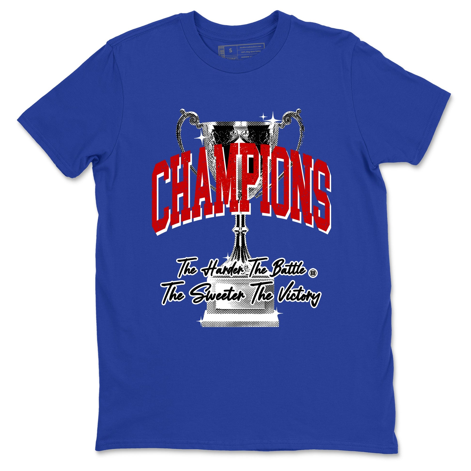 Champions Trophy sneaker match t-shirt styled to complete your fit with the Air Jordan 4 Rare Air sneakers, shown in Royal Blue 2.
