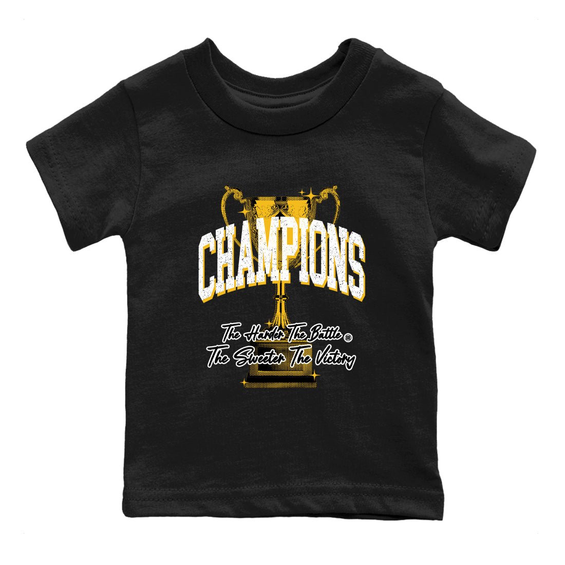 Champions Trophy baby and kids t-shirt crafted for little sneakerheads to with the Air Jordan 5 Tokyo sneakers, displayed in Black 2.