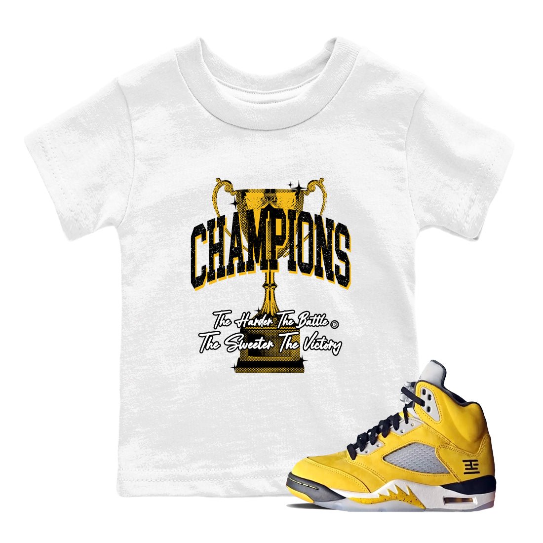 Champions Trophy baby and kids t-shirt crafted for little sneakerheads to with the Air Jordan 5 Tokyo sneakers, displayed in White 1.