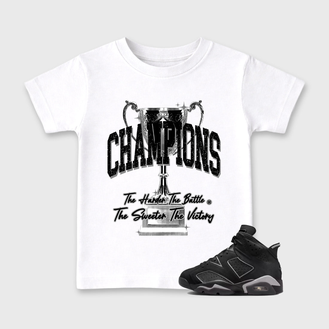 Sneaker match tees – Sneaker Tees To Match Air Jordan 6 Cap and Gown Shoes – Champions Trophy Kids T-Shirt White 1