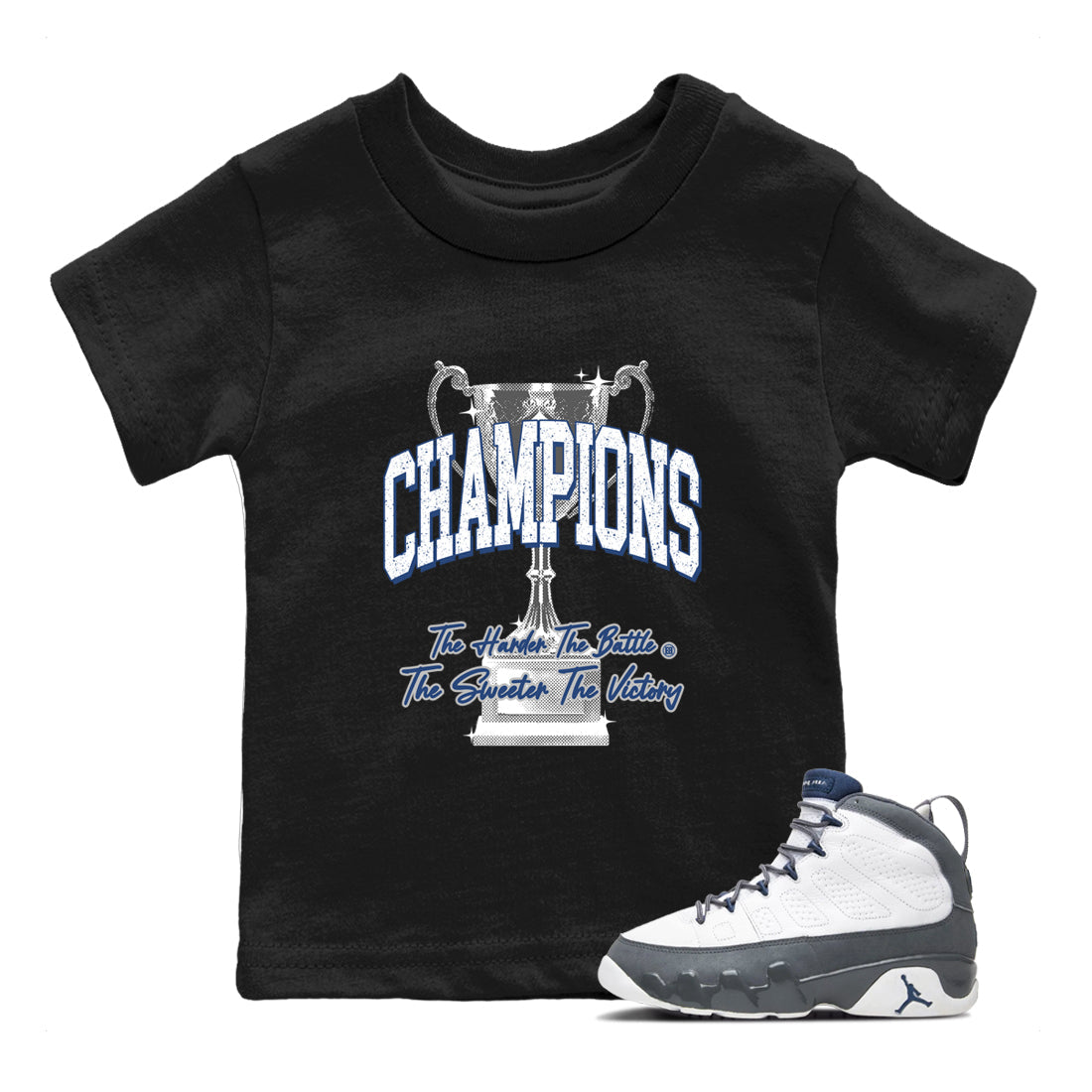 Sneaker match tees – Sneaker Tees To Match Air Jordan 9 Flint Grey Shoes – Champions Trophy Kids T-Shirt Black 1