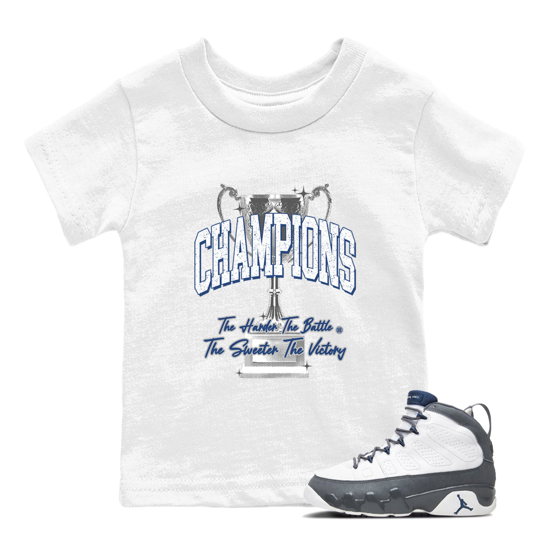 Sneaker match tees – Sneaker Tees To Match Air Jordan 9 Flint Grey Shoes – Champions Trophy Kids T-Shirt White 1