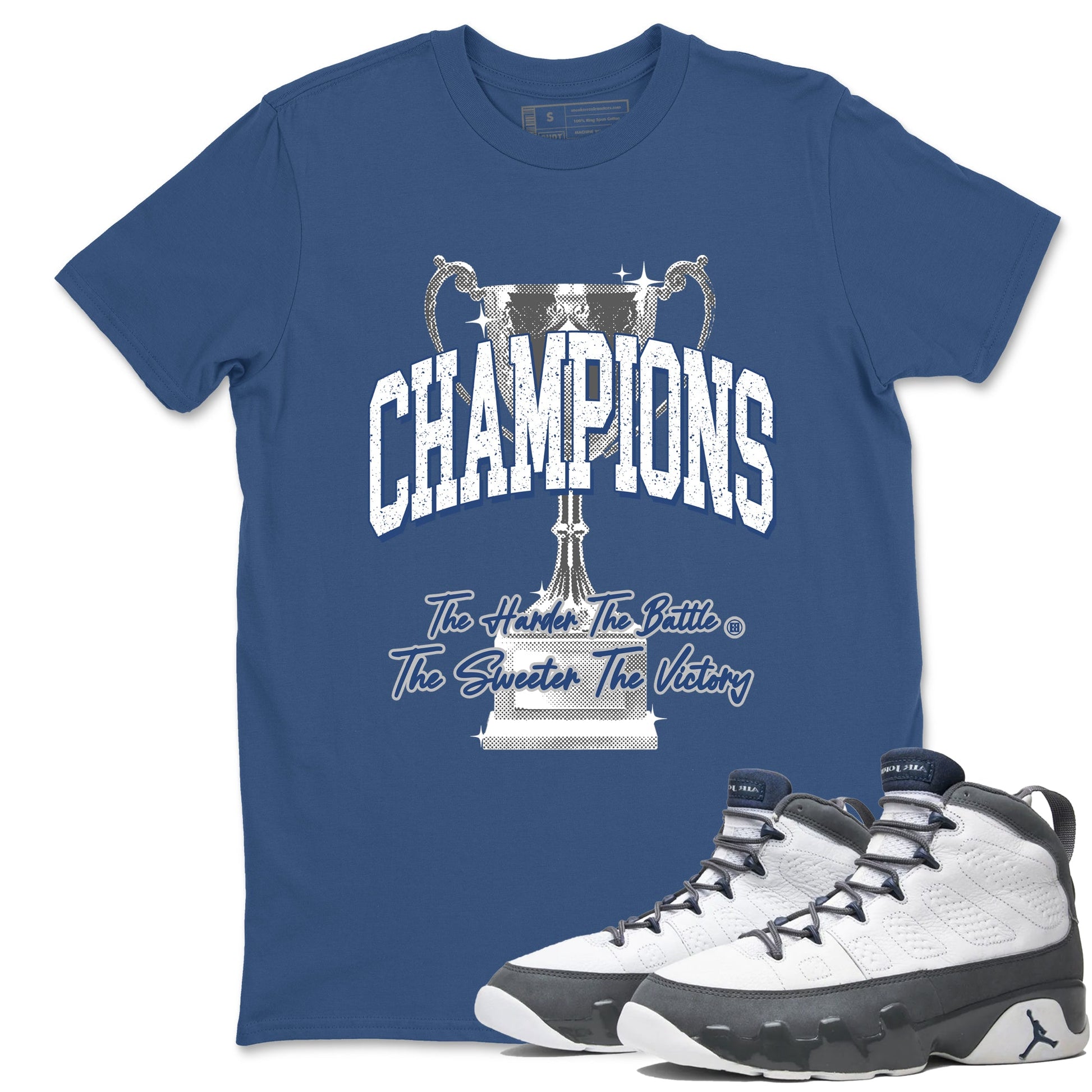 Sneaker match tees – Sneaker Tees To Match Air Jordan 9 Flint Grey Shoes – Champions Trophy Tee Denim Blue 1