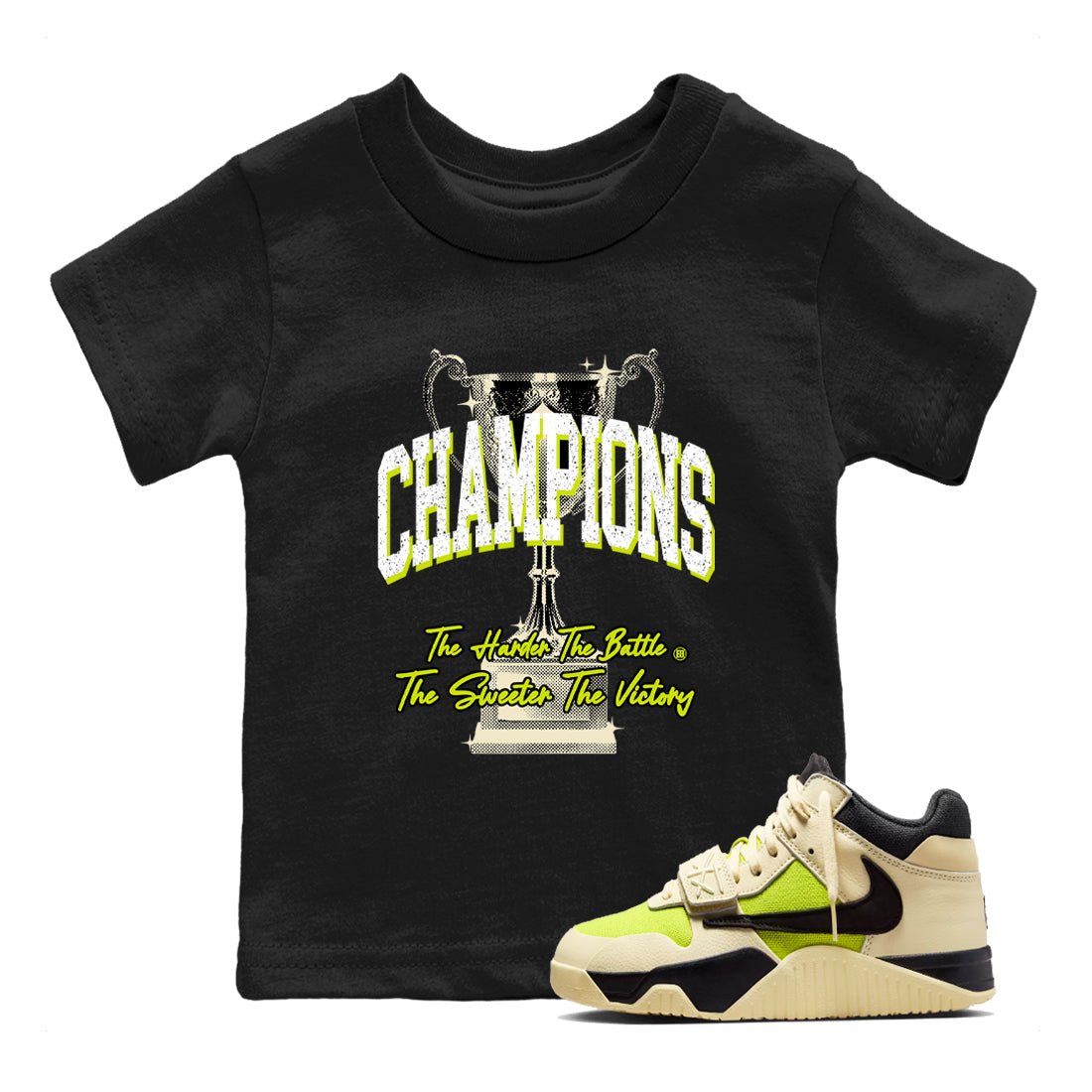 Champions Trophy baby and kids t-shirt crafted for little sneakerheads to shine with the Jordan Jumpman Jack Travis Scott Bright Cactus sneakers, displayed in Black 1.