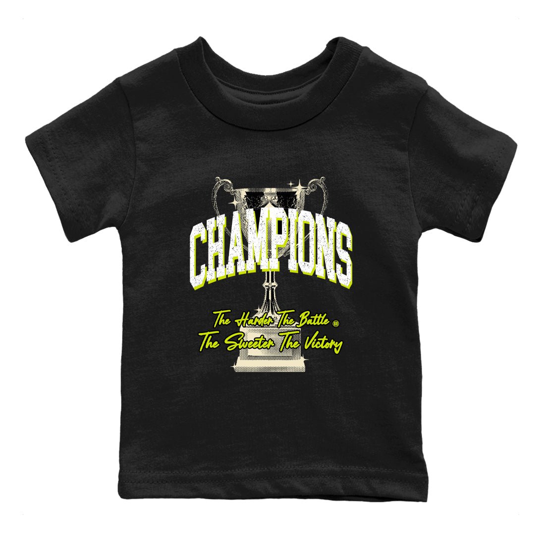 Champions Trophy baby and kids t-shirt crafted for little sneakerheads to shine with the Jordan Jumpman Jack Travis Scott Bright Cactus sneakers, displayed in Black 2.