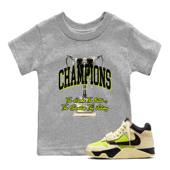 Champions Trophy baby and kids t-shirt crafted for little sneakerheads to shine with the Jordan Jumpman Jack Travis Scott Bright Cactus sneakers, displayed in Heather Grey 1.