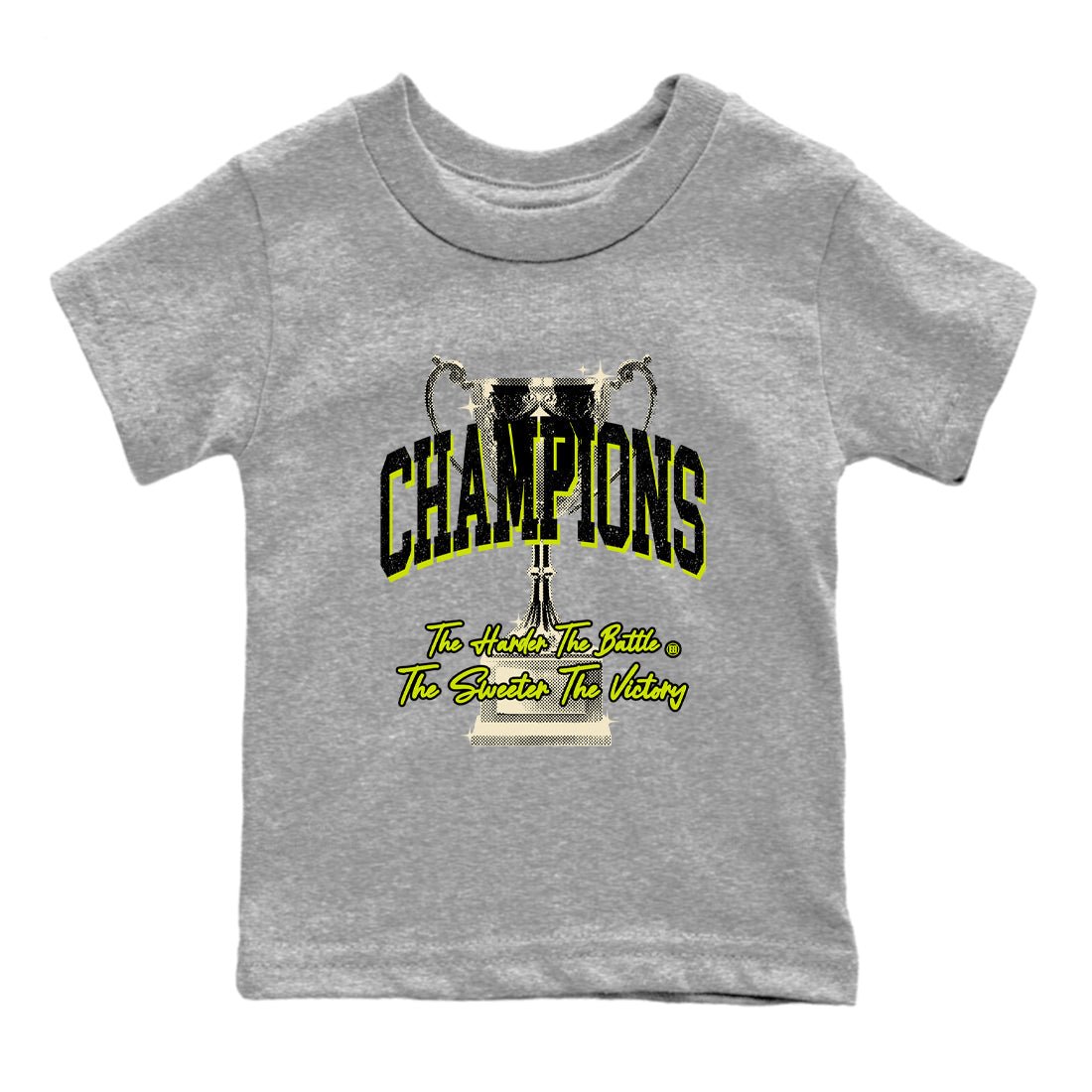 Champions Trophy baby and kids t-shirt crafted for little sneakerheads to shine with the Jordan Jumpman Jack Travis Scott Bright Cactus sneakers, displayed in Heather Grey 2.