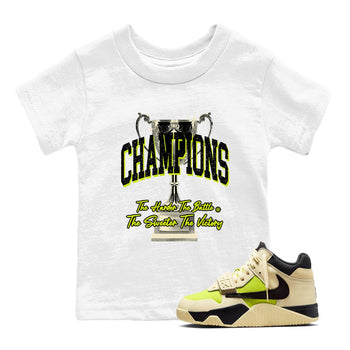 Champions Trophy baby and kids t-shirt crafted for little sneakerheads to shine with the Jordan Jumpman Jack Travis Scott Bright Cactus sneakers, displayed in White 1.
