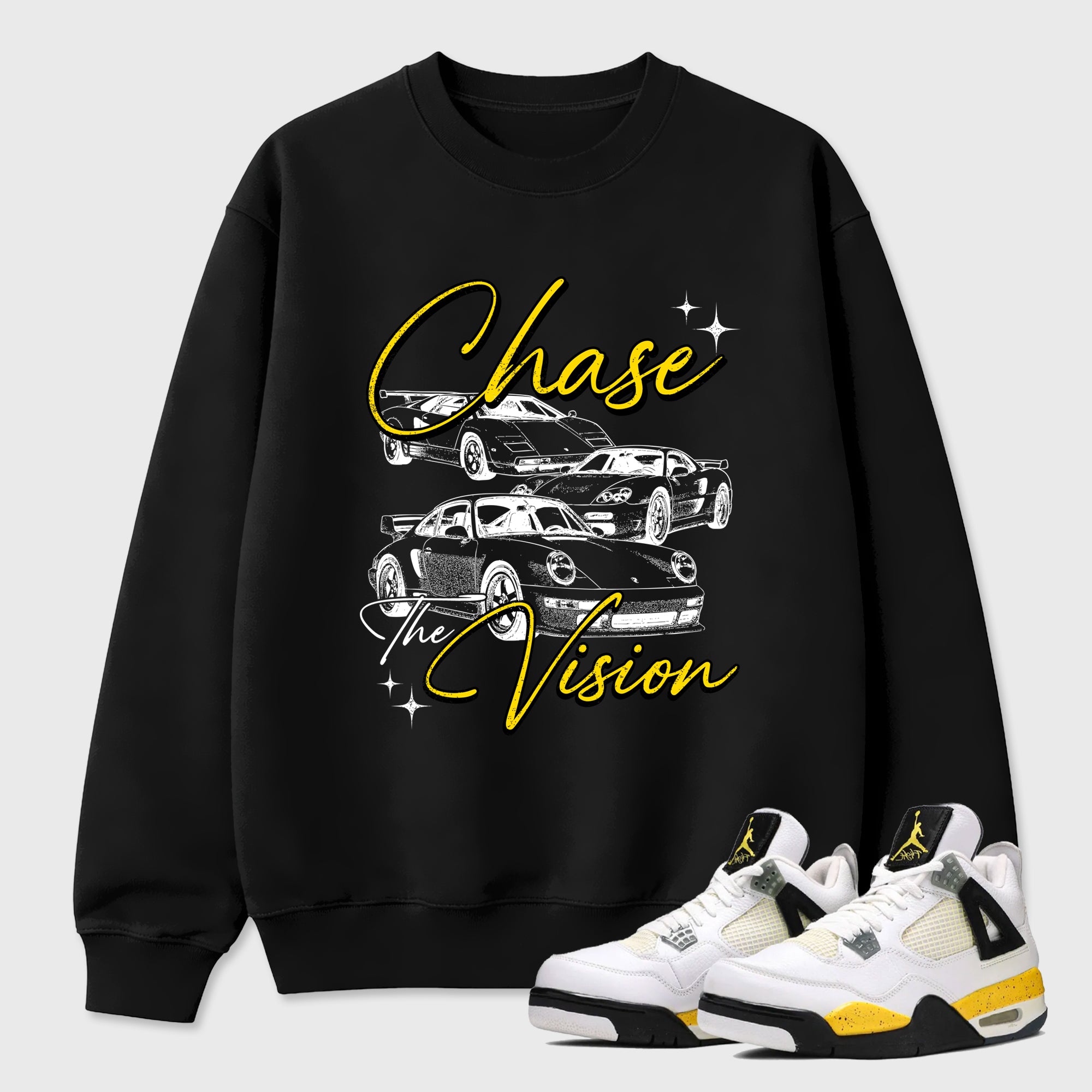 Chase The Vision Graphic T-Shirt featuring original streetwear artwork designed to match the Air Jordan 4 Tour Yellow. Black 1 Graphic Tee.