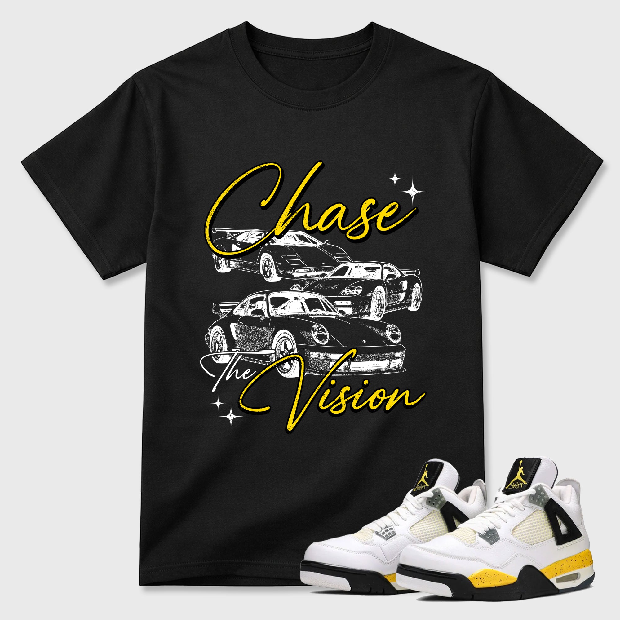 Chase The Vision Graphic T-Shirt featuring original streetwear artwork designed to match the Air Jordan 4 Tour Yellow. Black 1 Graphic T-Shirt.