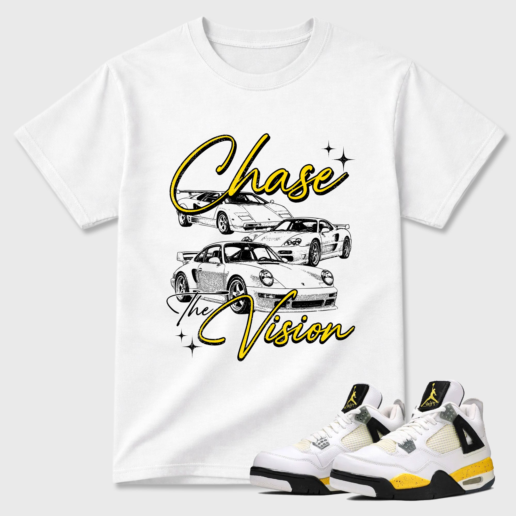 Chase The Vision Graphic T-Shirt featuring original streetwear artwork designed to match the Air Jordan 4 Tour Yellow. White 1 Graphic T-Shirt.