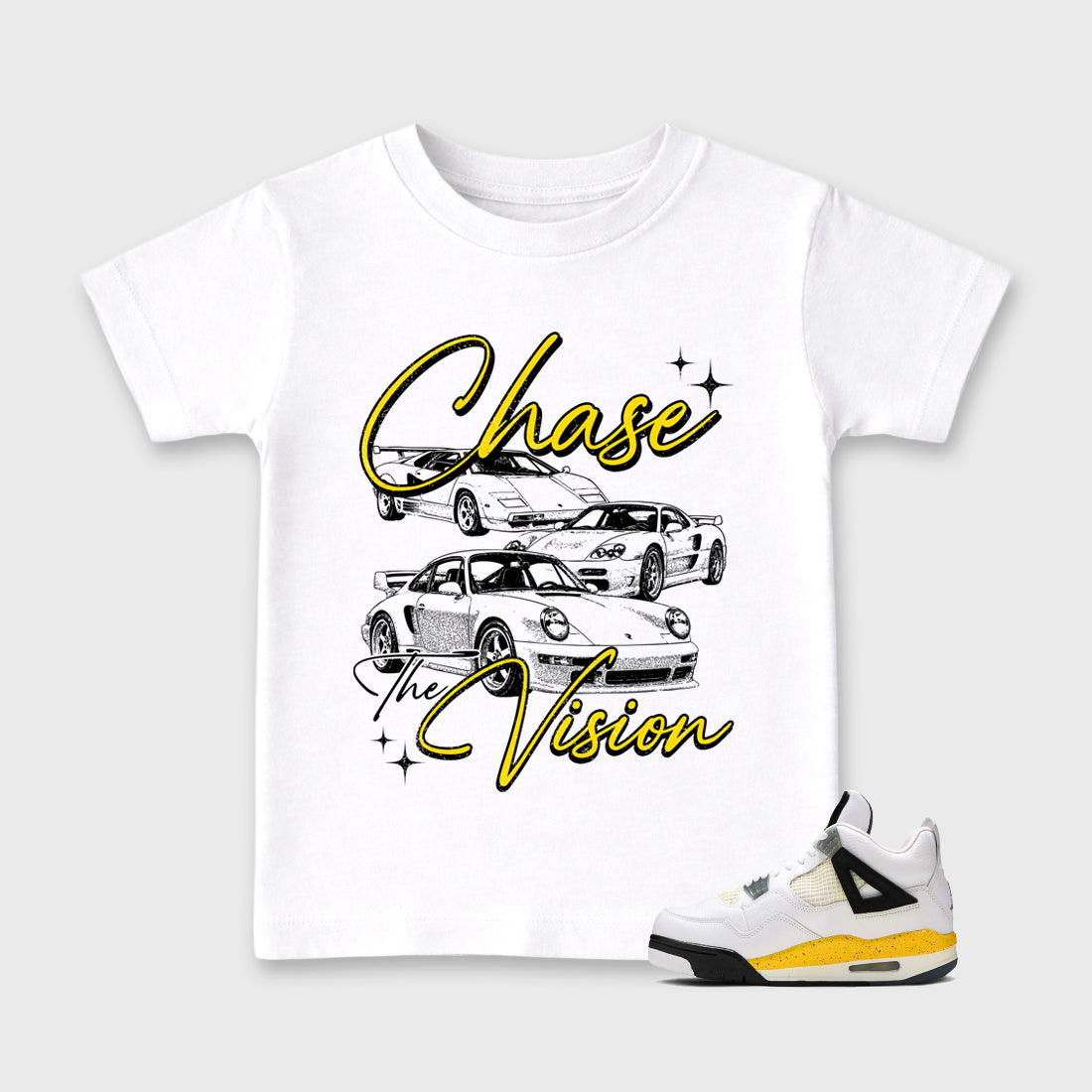 Chase The Vision Baby & Kids Graphic T-Shirt featuring original artwork designed to match the Air Jordan 4 Tour Yellow. White 1 Kids Graphic Tee.