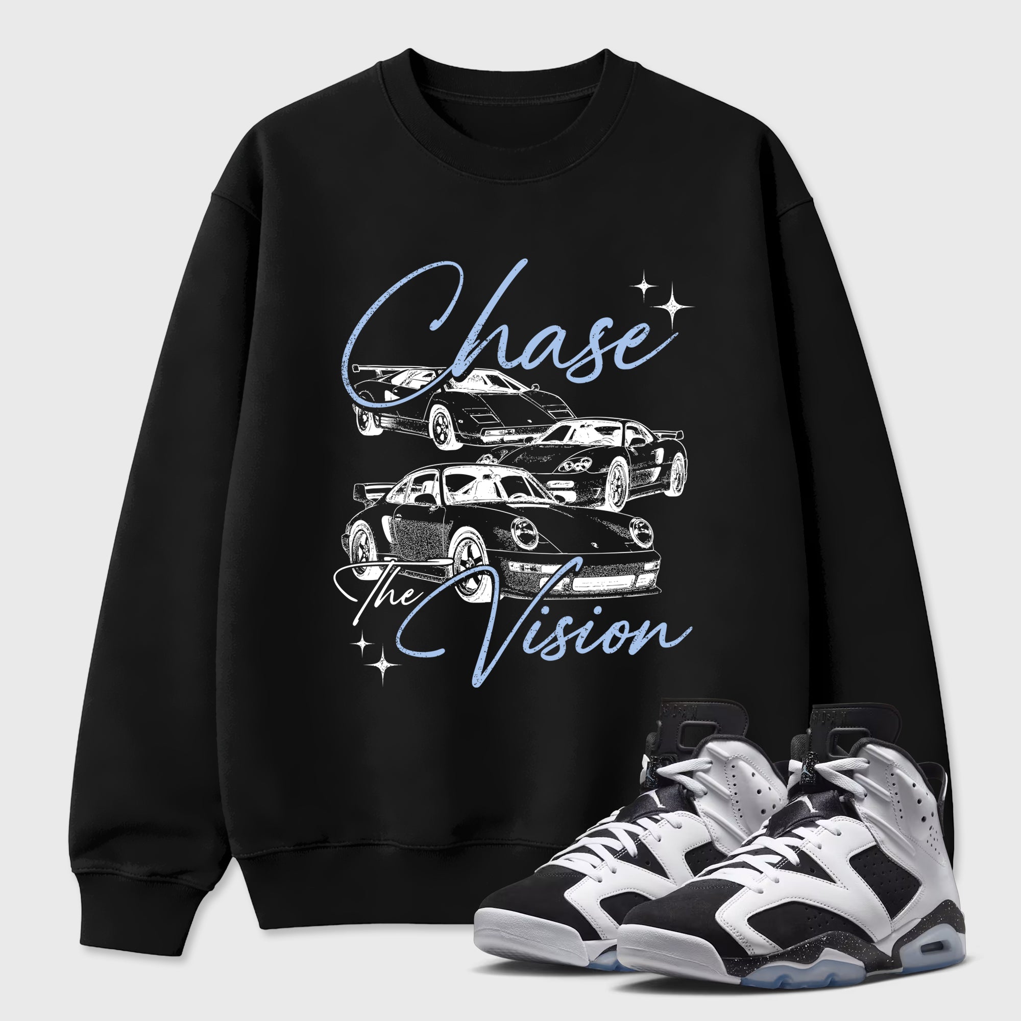 Chase The Vision Graphic T-Shirt featuring original streetwear artwork designed to match the Air Jordan 6 Black and White. Black 1 Graphic Tee.