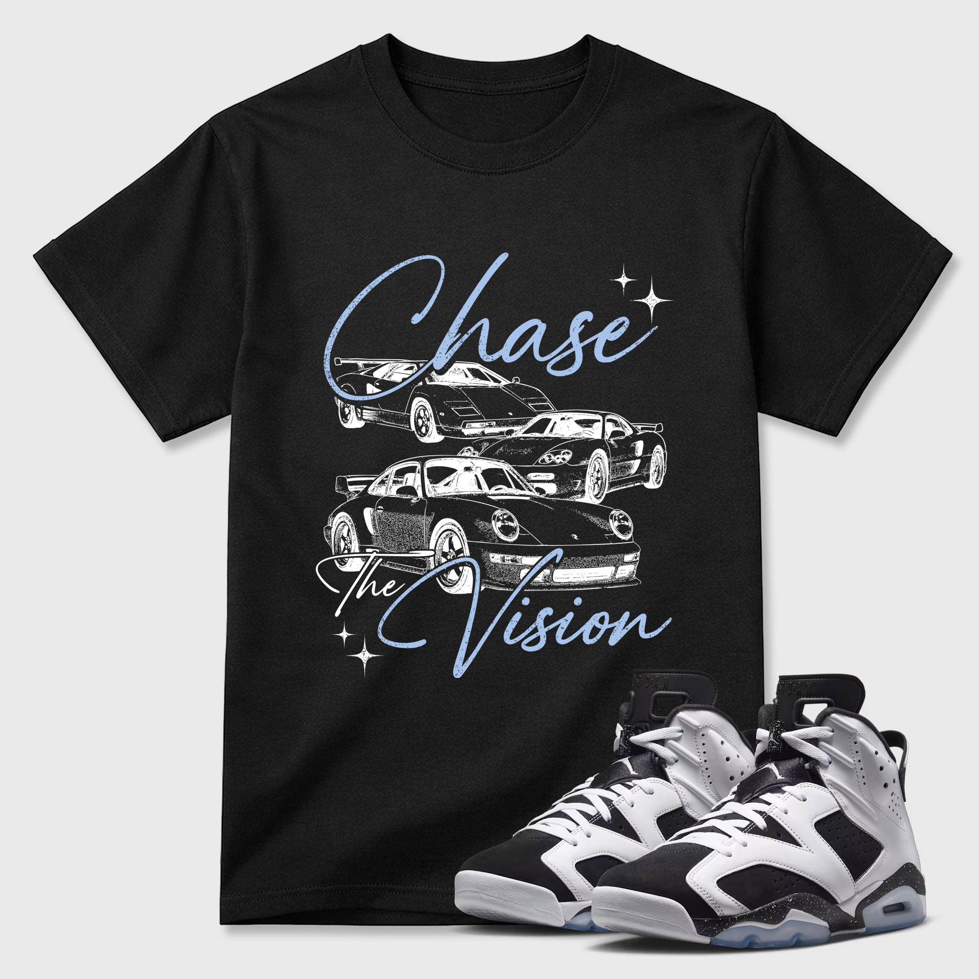 Chase The Vision Graphic T-Shirt featuring original streetwear artwork designed to match the Air Jordan 6 Black and White. Black 1 Graphic T-Shirt.