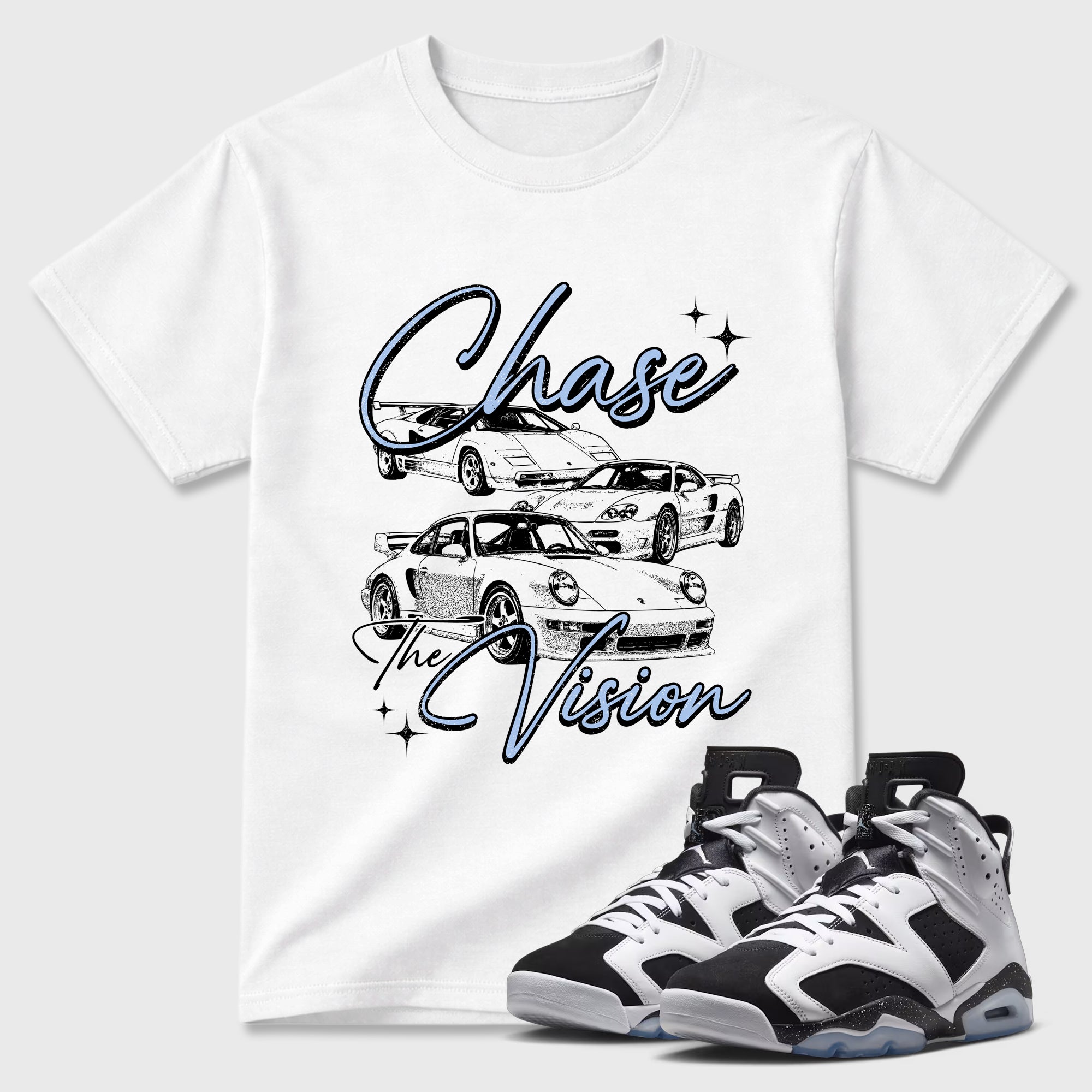 Chase The Vision Graphic T-Shirt featuring original streetwear artwork designed to match the Air Jordan 6 Black and White. White 1 Graphic T-Shirt.