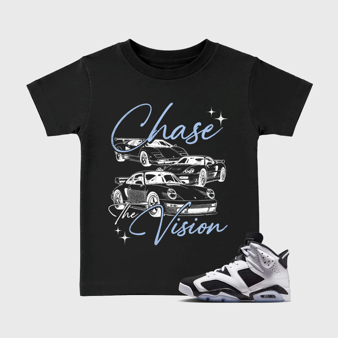Chase The Vision Baby & Kids Graphic T-Shirt featuring original artwork designed to match the Air Jordan 6 Black and White. Black 1 Kids Graphic Tee.