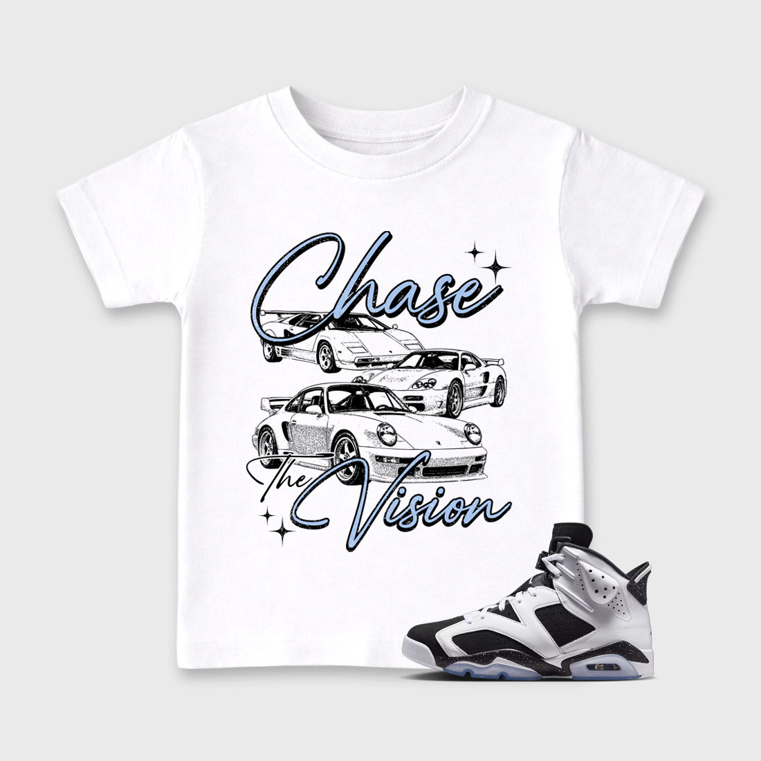 Chase The Vision Baby & Kids Graphic T-Shirt featuring original artwork designed to match the Air Jordan 6 Black and White. White 1 Kids Graphic Tee.