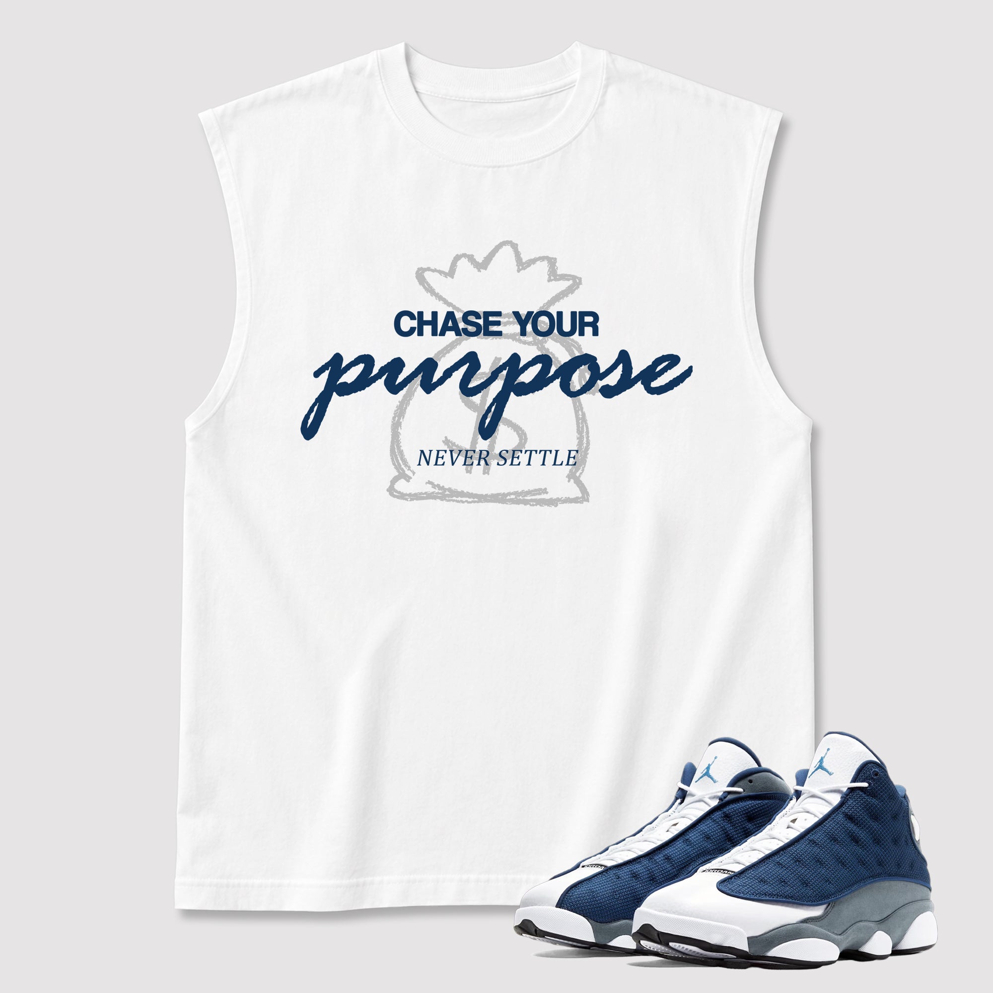 Chase Your Purpose men's graphic muscle t-shirt designed to match the Air Jordan 13 Flint, featuring coordinated White 1 graphics for the perfect streetwear look.