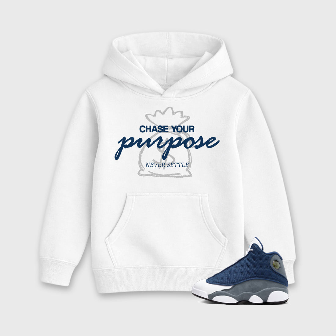 Chase Your Purpose Baby & Kids Graphic Hoodie featuring original artwork designed to match the Air Jordan 13 Flint. White 1 Kids Graphic Sweater.