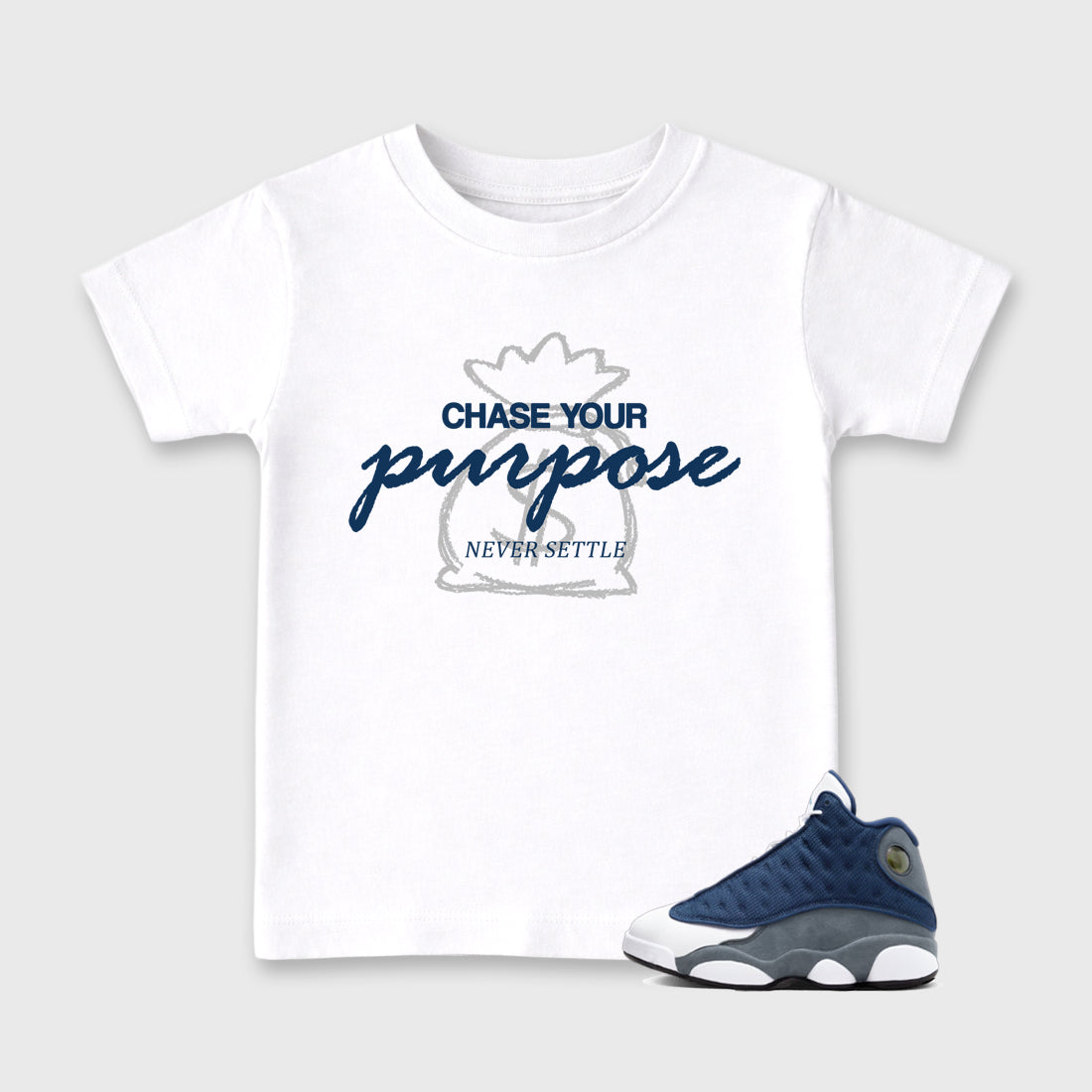 Chase Your Purpose Baby & Kids Graphic T-Shirt featuring original artwork designed to match the Air Jordan 13 Flint. White 1 Kids Graphic Tee.