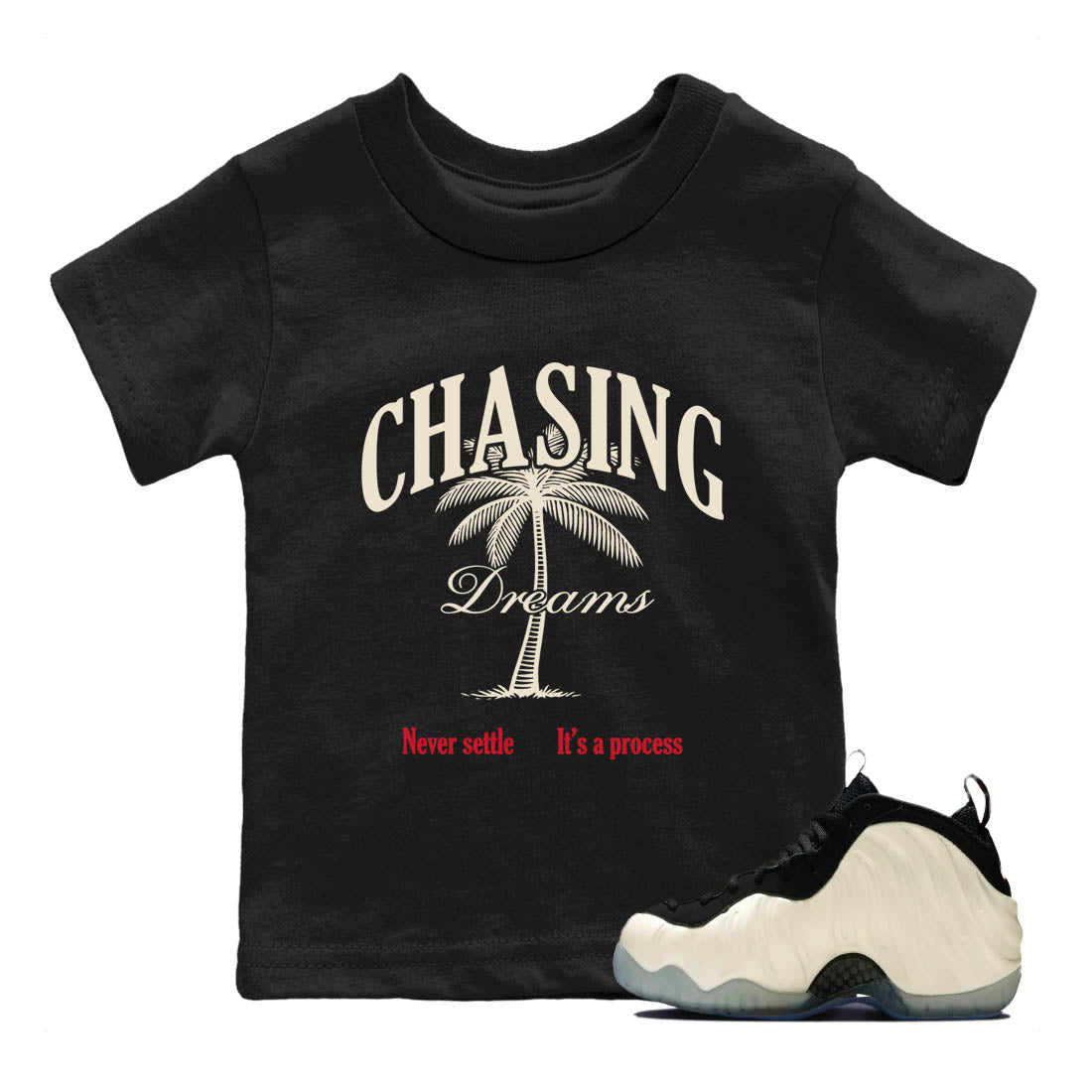 Sneaker Threads – Sneaker Tees To Match Air Foamposite One Pearl – Chasing Dreams Youth Graphic Tee Black 1. Perfect for Jordan releases 2025 colorways.
