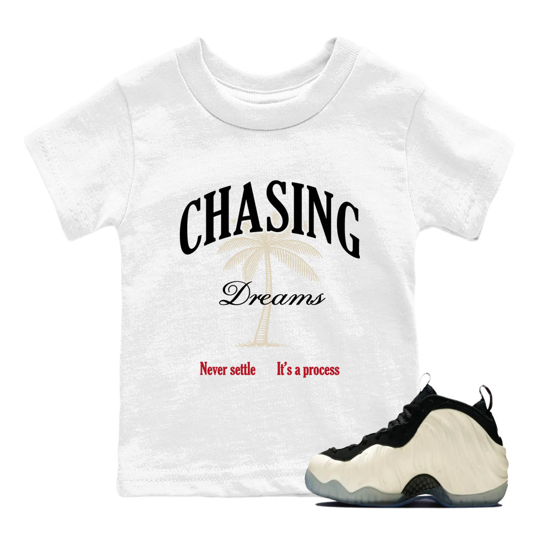 Sneaker Threads – Sneaker Tees To Match Air Foamposite One Pearl – Chasing Dreams Youth Graphic Tee White 1. Perfect for Jordan releases 2025 colorways.