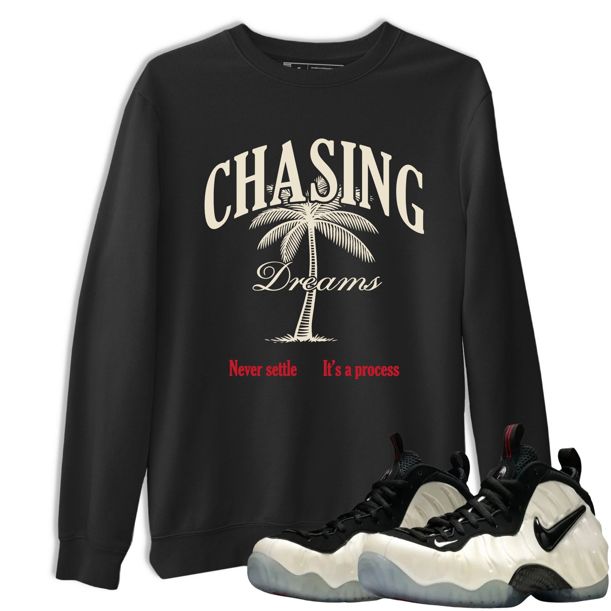 Sneaker Threads – Sneaker Tees To Match Air Foamposite One Pearl – Chasing Dreams Graphic Tee Black 1. Perfect for Jordan releases 2025 colorways.
