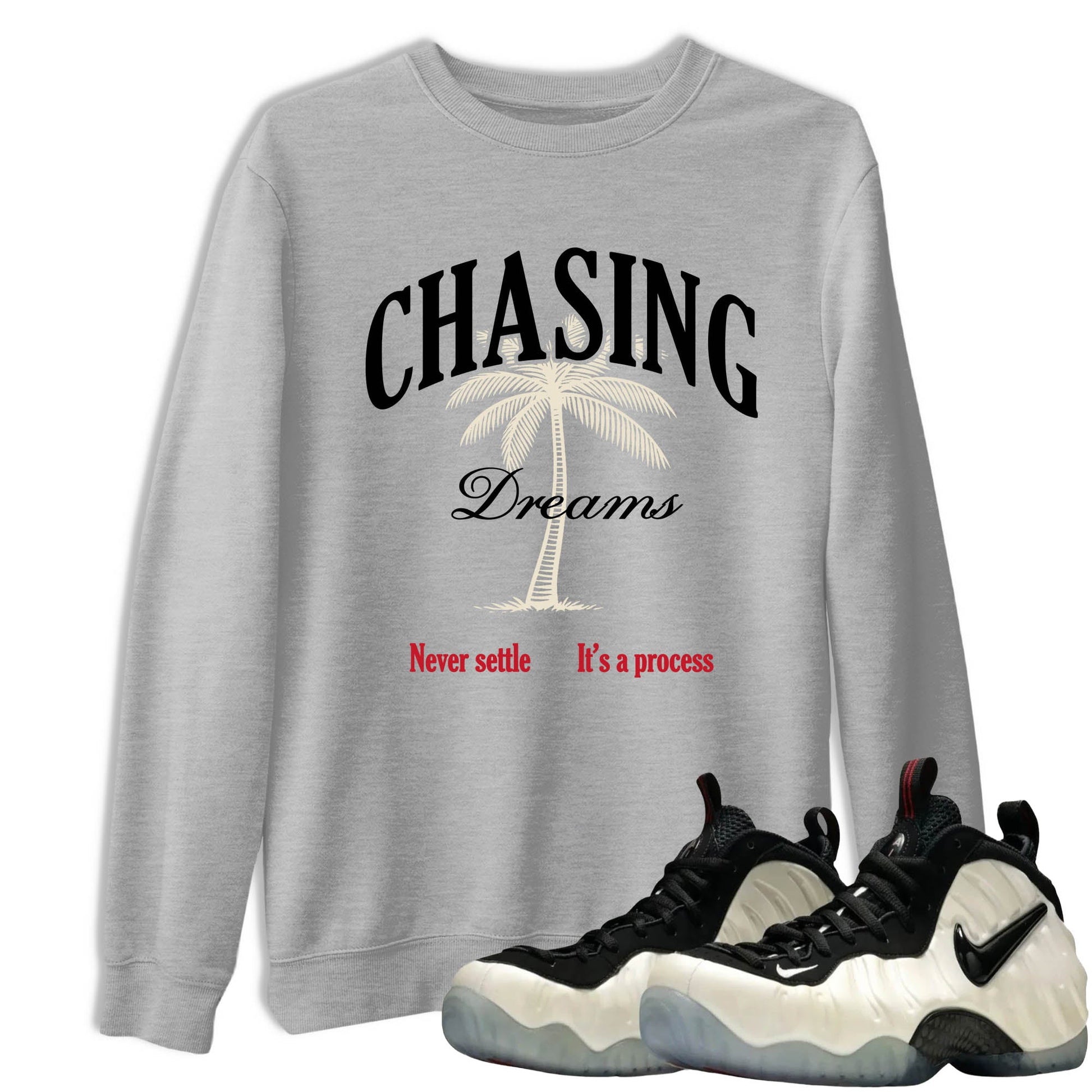Sneaker Threads – Sneaker Tees To Match Air Foamposite One Pearl – Chasing Dreams Graphic Tee Heather Grey 1. Perfect for Jordan releases 2025 colorways.
