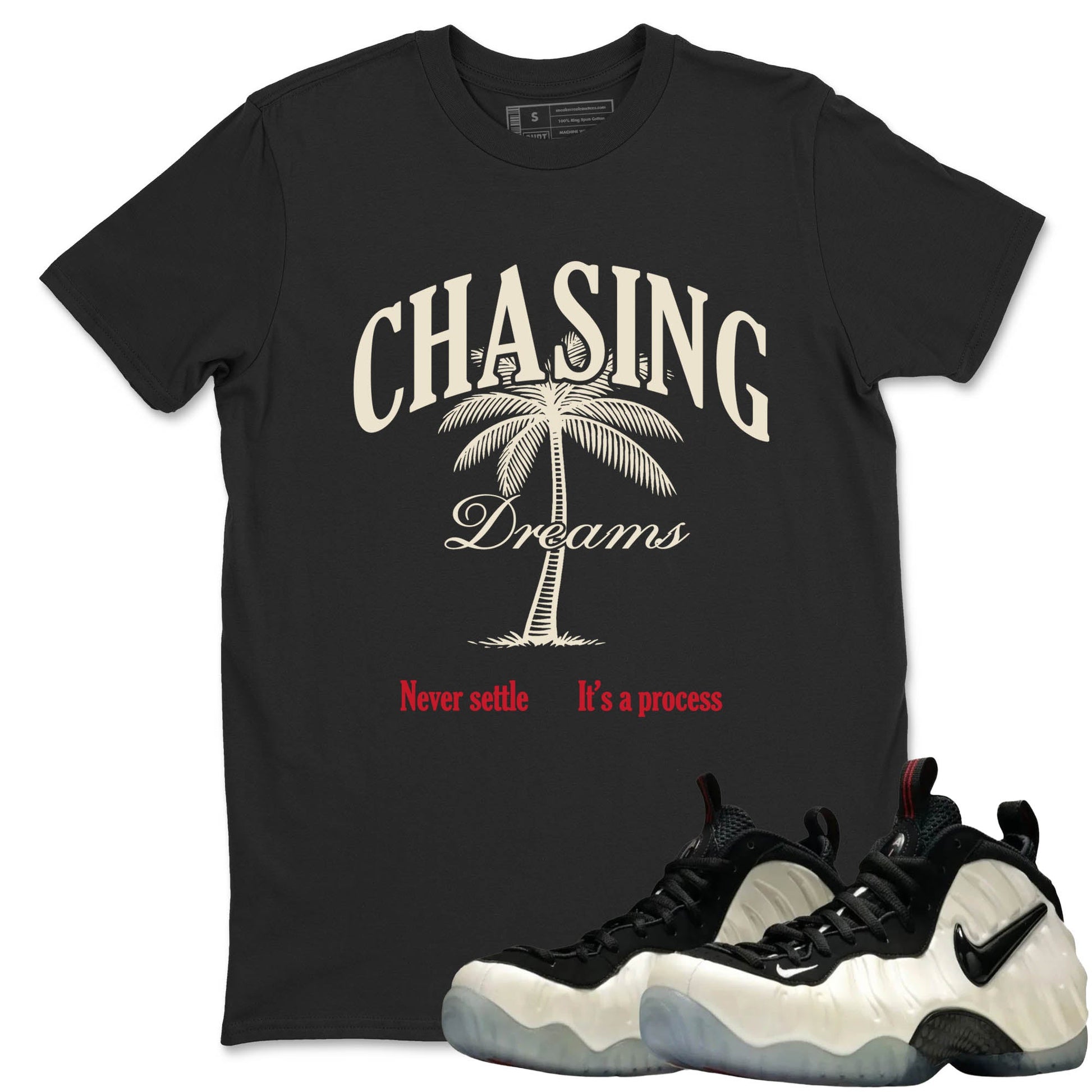 Sneaker Threads – Sneaker Tees To Match Air Foamposite One Pearl – Chasing Dreams Graphic Tee Black 1. Perfect for Jordan releases 2025 colorways.