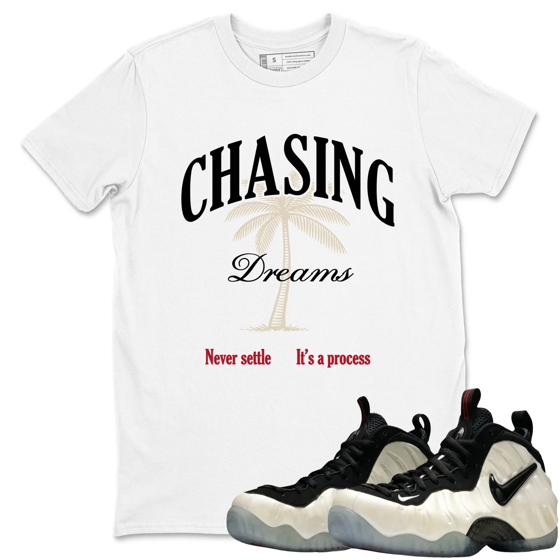 Sneaker Threads – Sneaker Tees To Match Air Foamposite One Pearl – Chasing Dreams Graphic Tee White 1. Perfect for Jordan releases 2025 colorways.