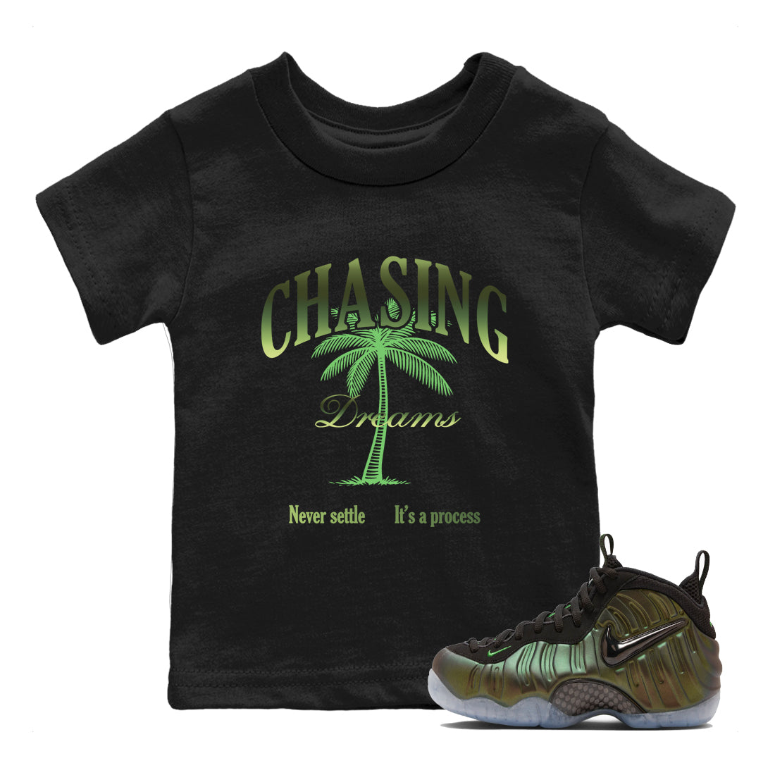 Best Christmas gifts for sneakerheads - Sneaker Tees To Match Air Foamposite One Pine Green Sneakers – Chasing Dreams Kids T-Shirt Black 1